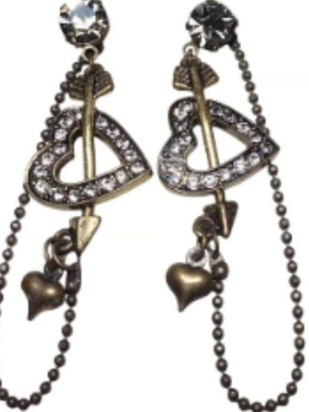 Vintage Betsey Johnson Antique Gold Heart Arrow Drop Earrings w/Rhinestones - Picture 6 of 6